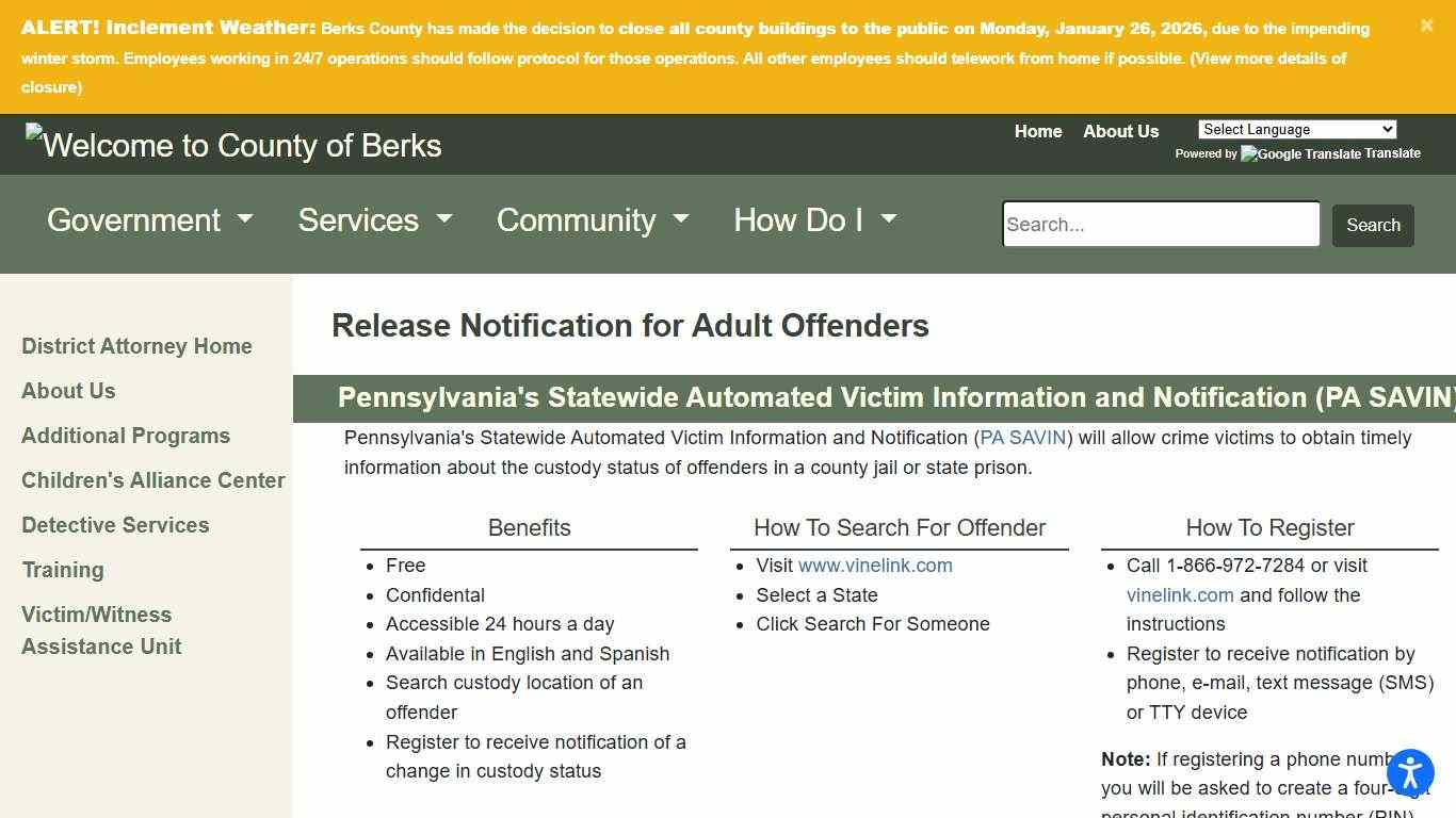 Berks County - Release Notification for Adult Offenders