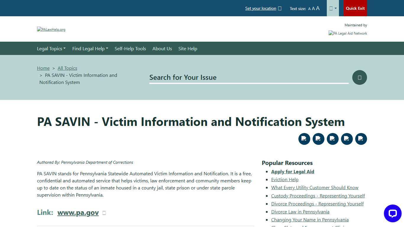 PA SAVIN - Victim Information and Notification System PALawHELP.org - Your Online Guide to Legal Information and Legal Services in Pennsylvania